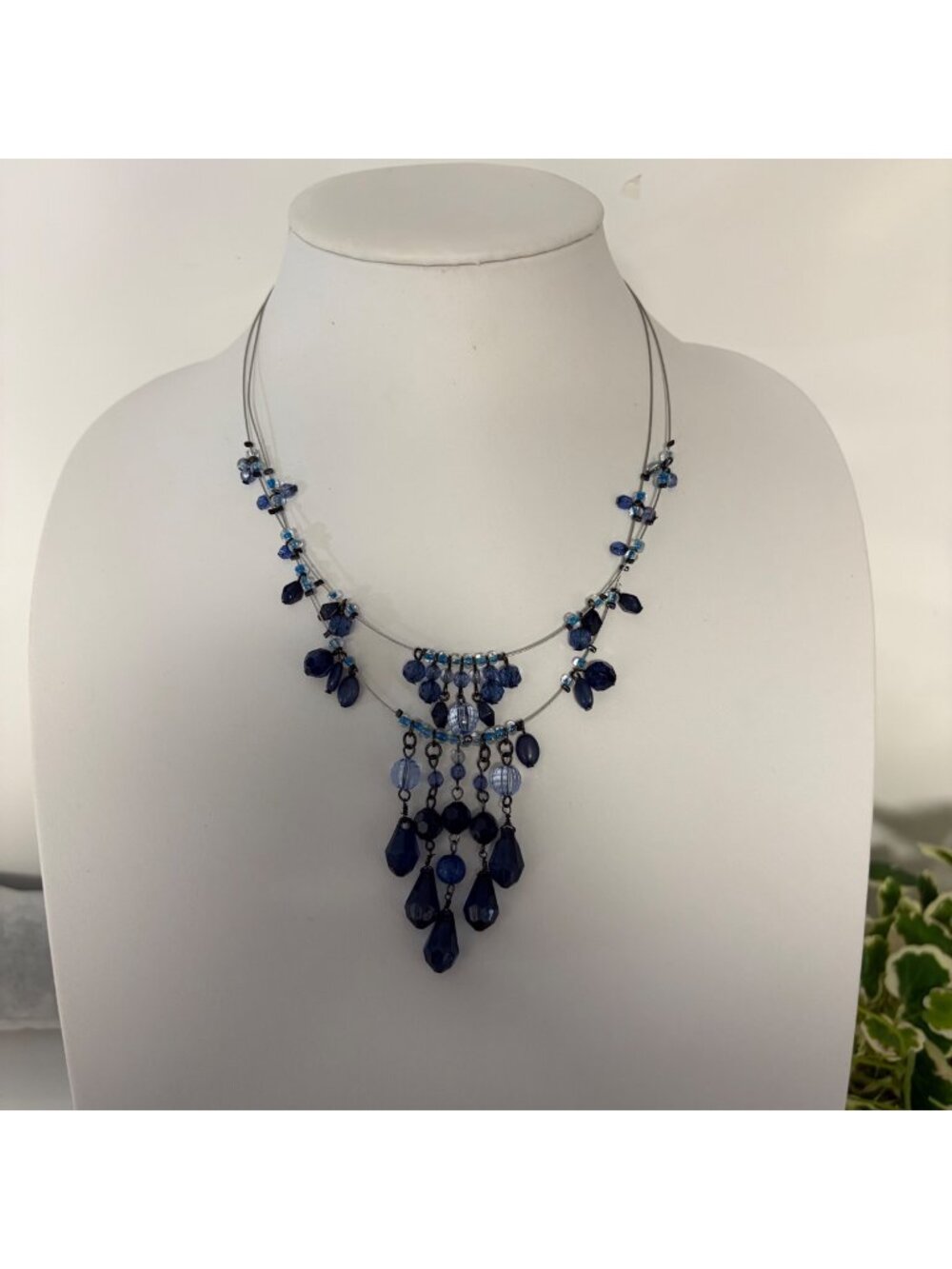 Beaded Chandelier Pendant Necklace Blue Silvertone Two Strand Adjustable 19 inch